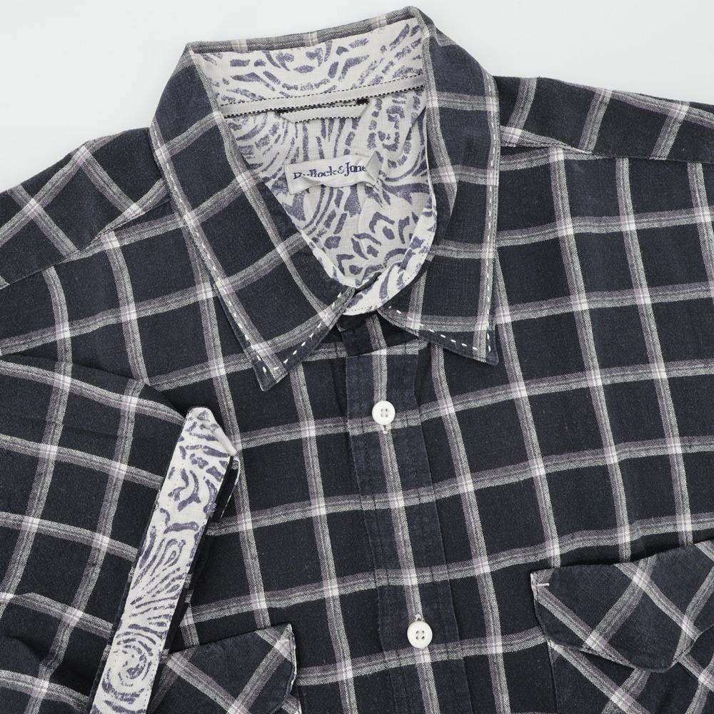 Bullock &‎ Jones Linen Blend Flip Cuff Short Sleeve Shirt Black Grid Mens XL